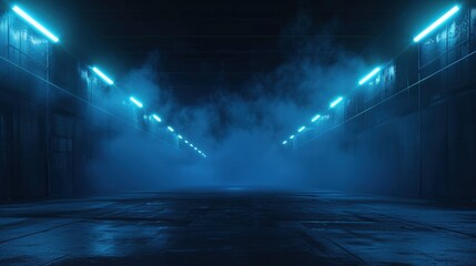 A dimly lit corridor filled with blue fog and neon lights, creating a mysterious and atmospheric setting for creative projects.