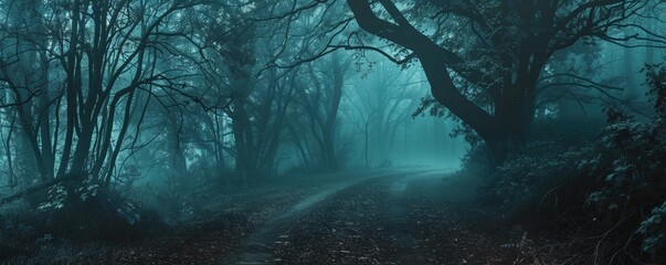 A mysterious forest path shrouded in fog, inviting exploration with eerie trees and an enchanting, tranquil atmosphere.