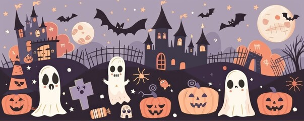 A spooky Halloween scene featuring ghosts, pumpkins, bats, and a haunted castle, perfect for festive decorations and illustrations.