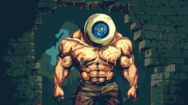 A cyclops with one large eye and a muscular build , pixel art, game assets