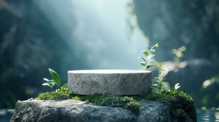 A weathered stone podium in a hidden grotto, illuminated by a single beam of light.