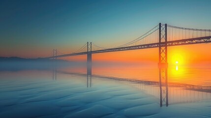 Obraz premium long bridge in blue sky at sunset over calm water