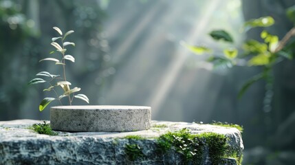 A weathered stone podium in a hidden grotto, illuminated by a single beam of light.