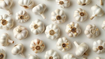 Fototapeta premium garlic arranged in rows and top view on white background