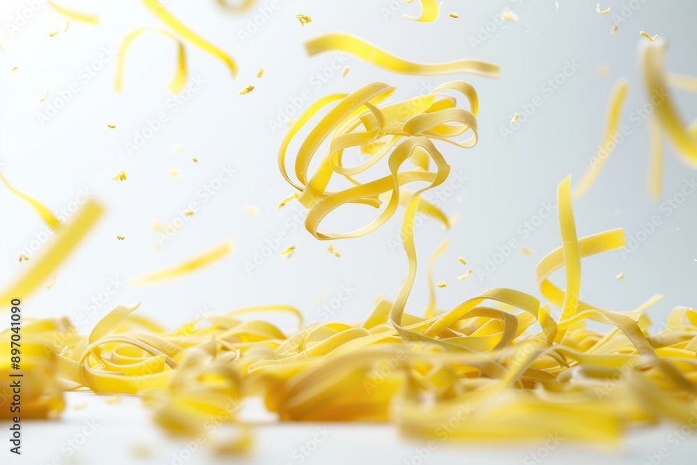 Poster raw italian pasta gracefully falls onto a white isolated background, creating a visually appealing c