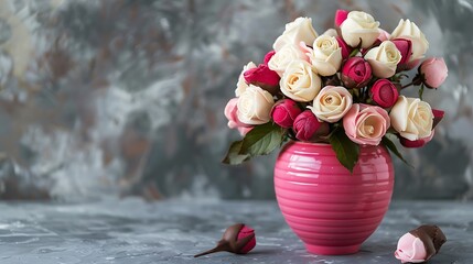 Homemade chocolate roses bouquet white pink and red sweet flowers in festive pink vase grey abstract background
