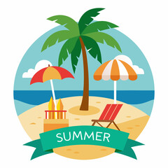 Coconut palm hand drawn summer beach vector illustration  typography 