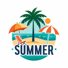 Coconut palm hand drawn summer beach vector illustration  typography 