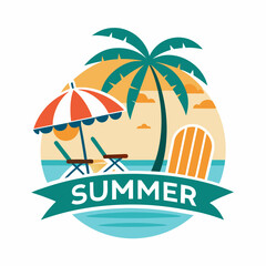 Coconut palm hand drawn summer beach vector illustration  typography "SUMMER" on white background