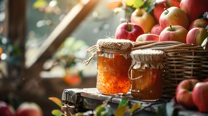 Homemade sweet apple jam organic healthy food on a wicker chair on rustic style