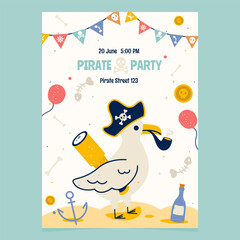 Pirate cartoon birthday party invitation with seagull