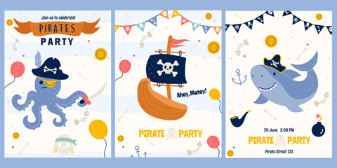 Pirate cartoon birthday party invitation with pirate ship, octopus, whale
