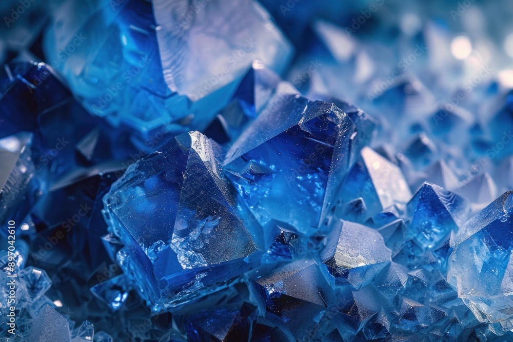 Poster macro photograph of blue crystals forming intricate geometric shapes, creating a mesmerizing display