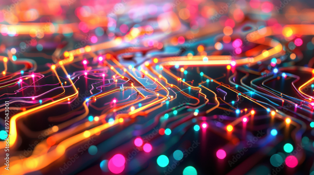 Poster abstract representation of a vibrant circuit board illuminated with glowing colorful lights in a hig