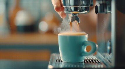A close-up of a barista pulling a shot of rich, creamy espresso into a blue cup, with steam rising and a blurred background.