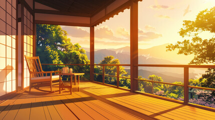 Fototapeta premium Serene sunset view from a wooden porch overlooking lush mountains and vibrant foliage, creating a tranquil atmosphere