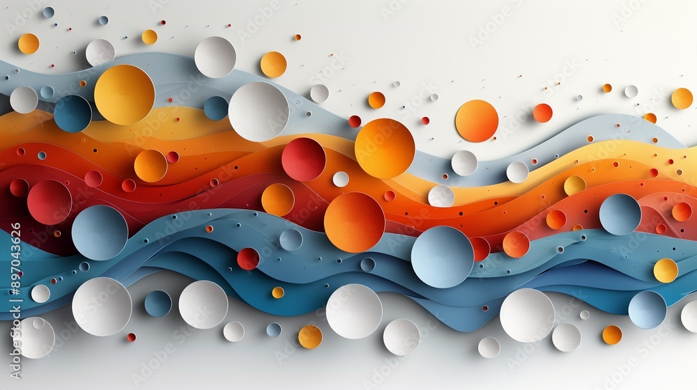 Poster abstract paper art with colorful circles and wavy lines
