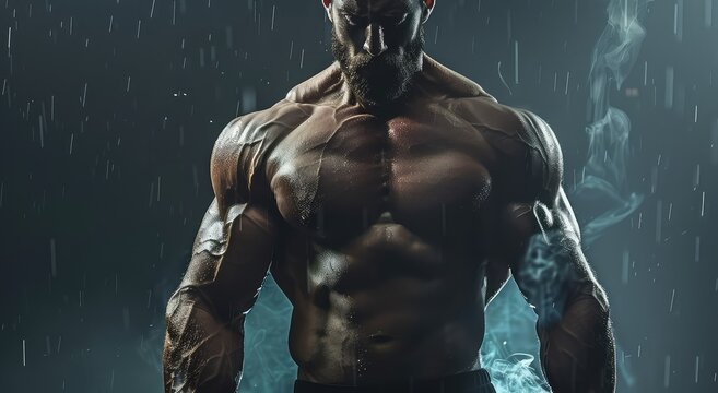 Handsome guy fitness model posing holding dumbbells in his hands.