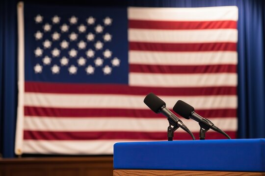 Political Podium with Microphones and Blurred American Flag in Background