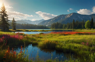 Serene Mountain Lake Surrounded by Wildflower Meadow.