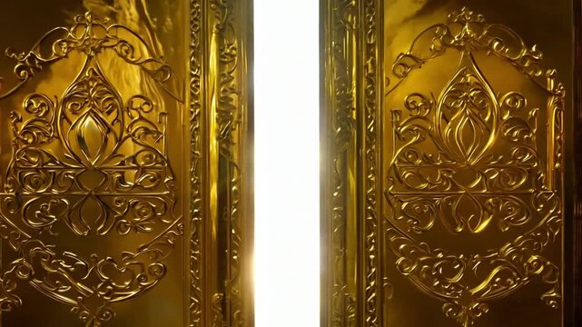 Going trough golden gate doors with bright heaven light shining. Open magic door with shining light. Gates to heaven concept 4k