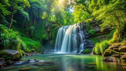Serene waterfall flows through lush forest setting, waterfall, forest, nature, serene, tranquil, landscape, scenic, water, beauty