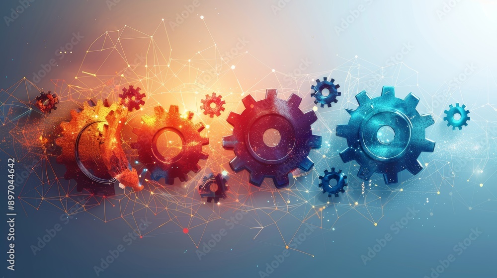 Poster a creative illustration of a streamlined, efficient workflow, with interconnected gears representing