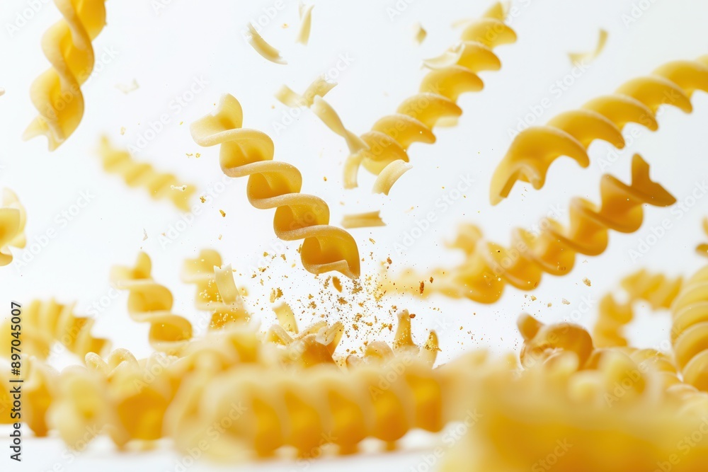 Poster raw italian pasta spirals fall gracefully on a white background, creating a dynamic and elegant scen