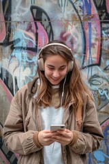 Fototapeta premium A young woman standing outdoors with headphones, smiling and looking at her smartphone, urban background, Portrait close-up, hyper-realistic, high detail, photorealistic
