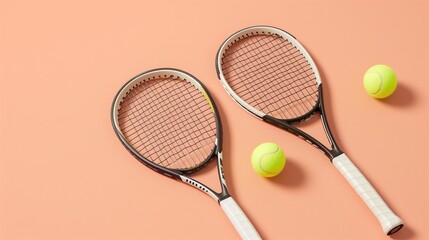 Two tennis rackets and tennis balls on a peach-colored background. Sports equipment, tennis sports, fitness lifestyle, healthy living, recreational activity concepts.