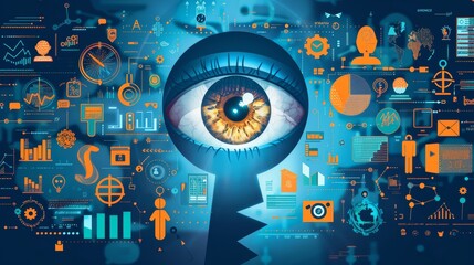 Obraz premium A symbolic illustration of a keyhole shaped like a human eye, surrounded by various business icons, suggesting the importance of vision and insight in unlocking business success.