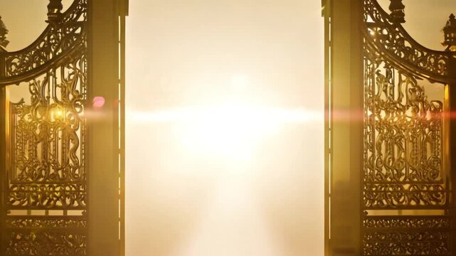 Going trough golden gate doors with bright heaven light shining. Open magic door with shining light. Gates to heaven concept 4k