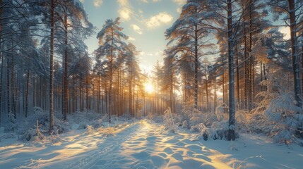 Sunny Winter Path in a Pine Forest