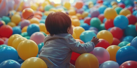 A happy child having fun in a colorful ball pit