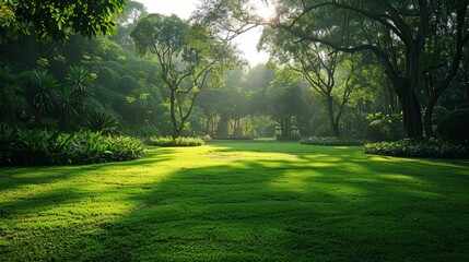Sunlit Green Garden in a Lush Forest