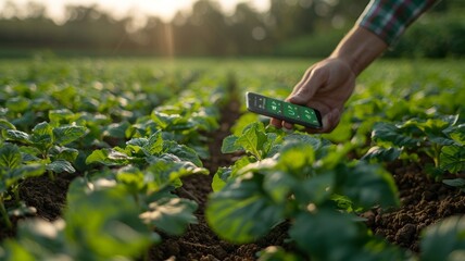 A close-up shot of a farmer's hand holding a smartphone displaying real-time data on crop health