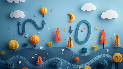An illustrated concept of a business strategy roadmap, with key points and objectives highlighted along a winding path, leading to success.