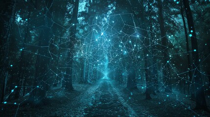 Obraz premium A luminous path through a dark web forest, symbolizing guidance in online safety
