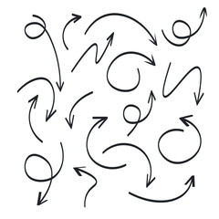 Set of drawn handmade arrows. Isolated pointers on different directions. Black vector icons in flat style
