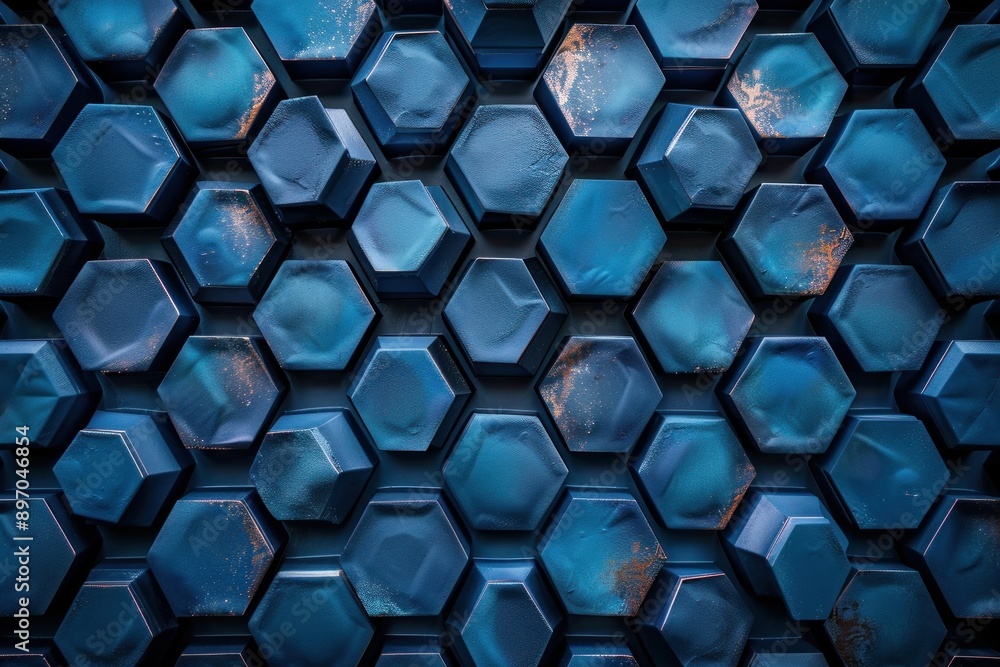 Poster modern background with a honeycomb pattern, featuring blue metallic hexagons with a grunge texture