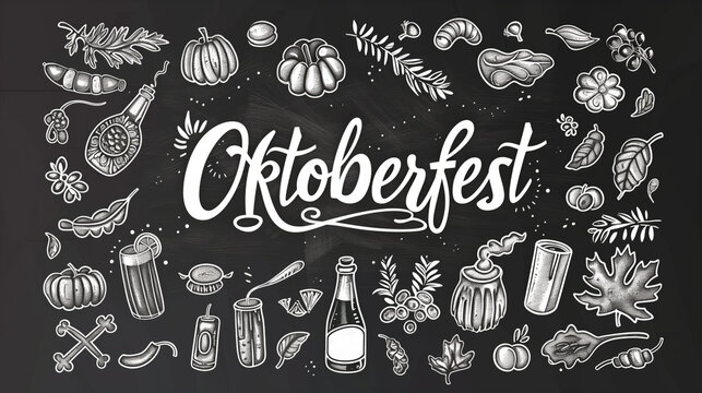 Oktoberfest-themed chalkboard drawing featuring traditional food and drink elements. Holiday celebration, beer festival, Bavarian culture, party invitations, food event promotion.