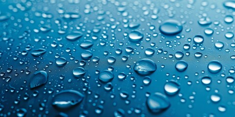 Water droplets on glass, blue background,, summer water fresh concept