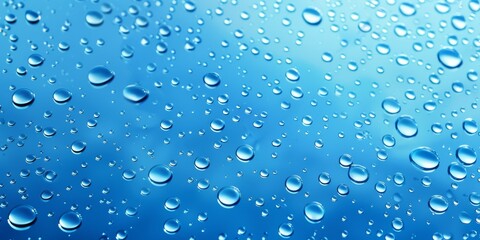 Water droplets on glass, blue background,, summer water fresh concept