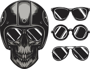 skull with retro helm and sunglasses in different style. easy to custom and change color 