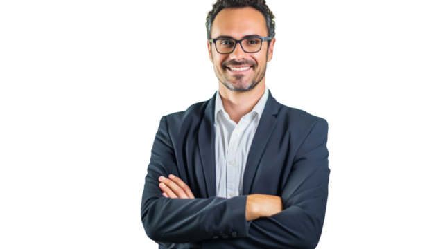 Businessman isolated on transparent background standing with crossed arms, professional manager, confident businessman investor looking at camera.
