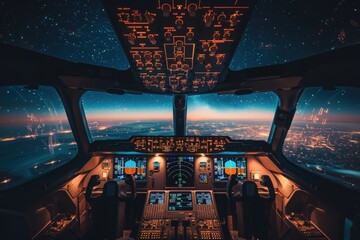 A view from the cockpit of an airplane, looking out over a sprawling city illuminated by countless lights, with a starry night sky above.