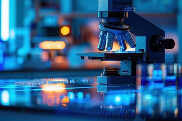 A futuristic laboratory setting, a high-powered microscope stands ready for analysis. The lens gleams with a blue light, illuminating the sleek, modern design of the equipment.