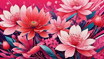 Vivid flowers, pink and red, fantastic and lively digital art in Japanese style