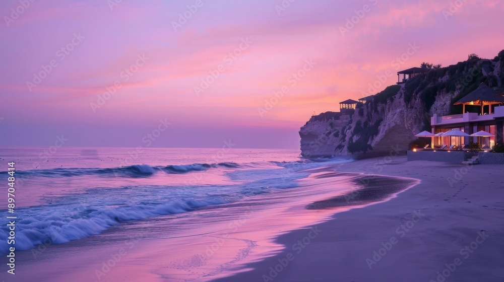 Poster the beach is lined with a white sand beach and a cliff with a house on it. the sky is a vibrant pink
