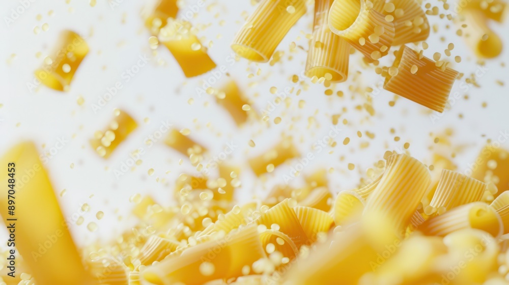 Poster raw italian pasta falls gracefully on a white background, creating a cascade of golden shapes. gener